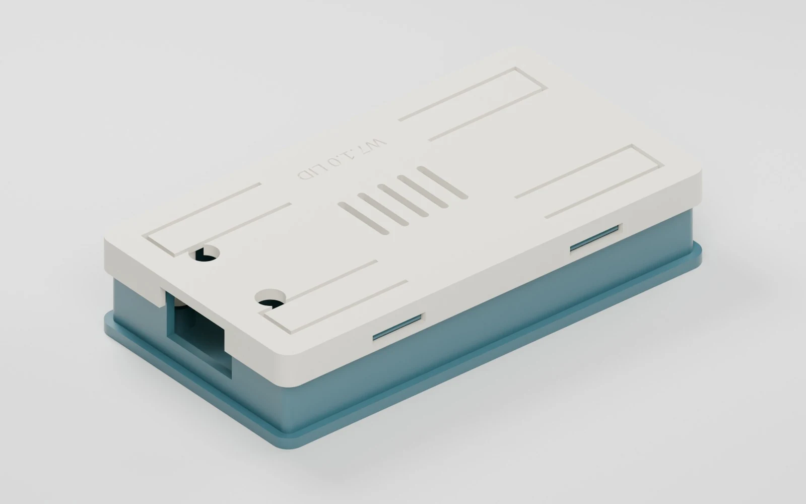Render of the assembled screwless anchor case, with a blue base and pale vented lid.