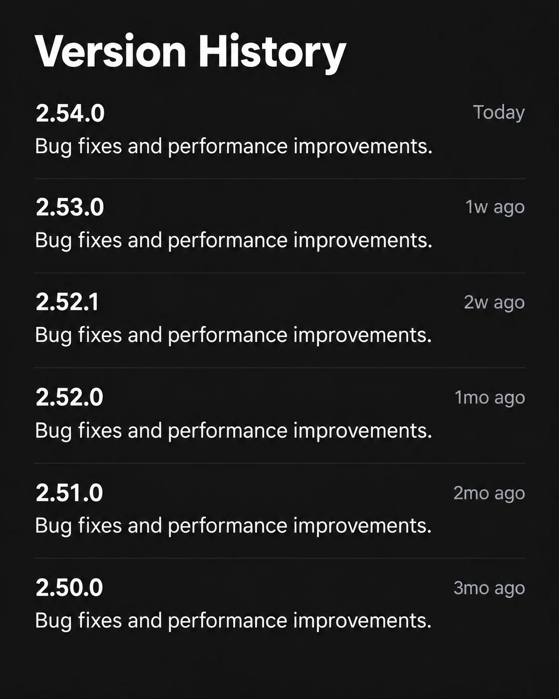 Version history repeating "Bug fixes and performance improvements" across six releases.